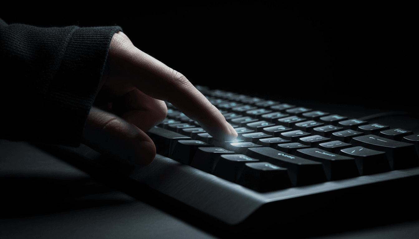 Finger pressing a key on a keyboard with backlit glow in a dimly lit room
