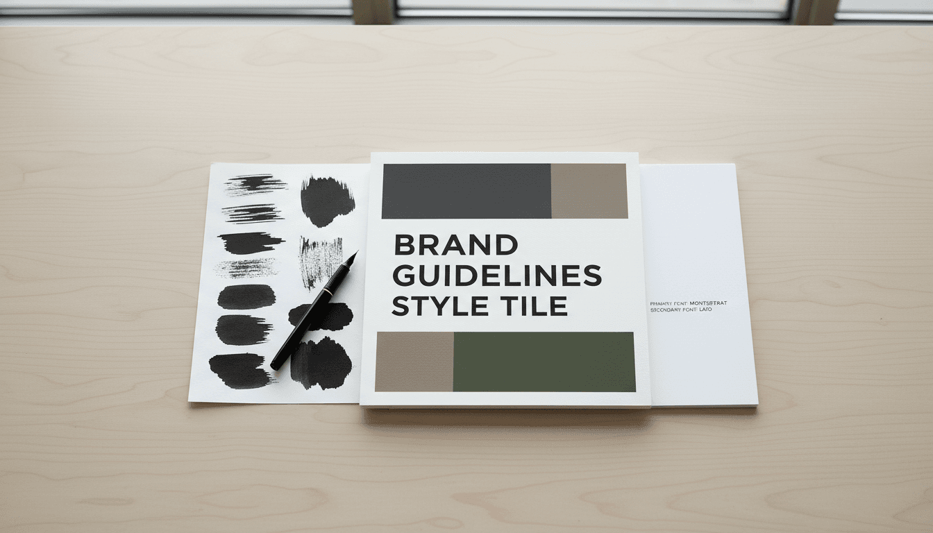 Brand style tile on a desk with ink swatches and typography